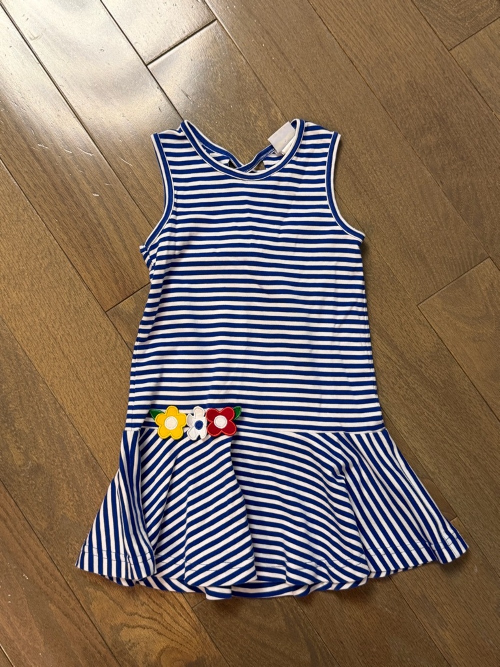 Florence Eiseman Blue and White Striped Sleeveless Dress with Floral Appliques